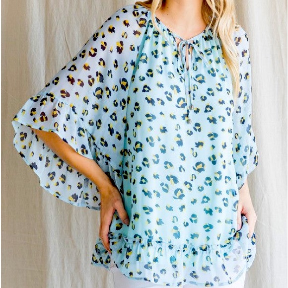 JODIFL Tops - JODIFL Ligh Blue Animal Print Blouse with Wide Bell Statement Sleeves